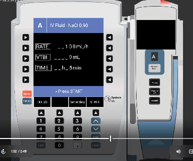 Alaris bolus entry screen showing Rate 500 mL/h and VTBI 10 mL