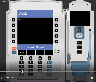 Alaris channel selection screen showing Adult mode with channel A