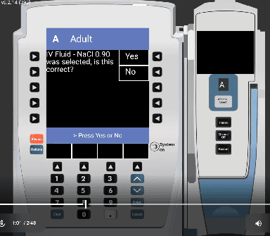 Alaris drug confirmation dialog asking if IV Fluid NaCl 0.90 selection is correct