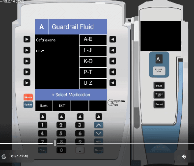 Alaris guardrail fluid selection showing alphabetical medication groups