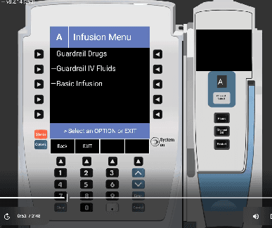 Alaris Infusion Menu showing Guardrail Drugs, Guardrail IV Fluids, and Basic Infusion options
