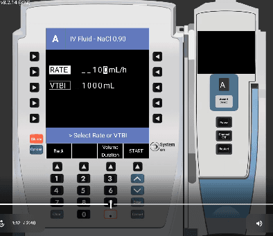 Alaris primary infusion running screen showing 100 mL/h rate with IV Fluid NaCl 0.90