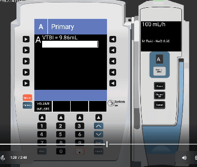 Alaris secondary infusion screen showing Rate, VTBI, and Time fields with BOLUS, Secondary, and START buttons