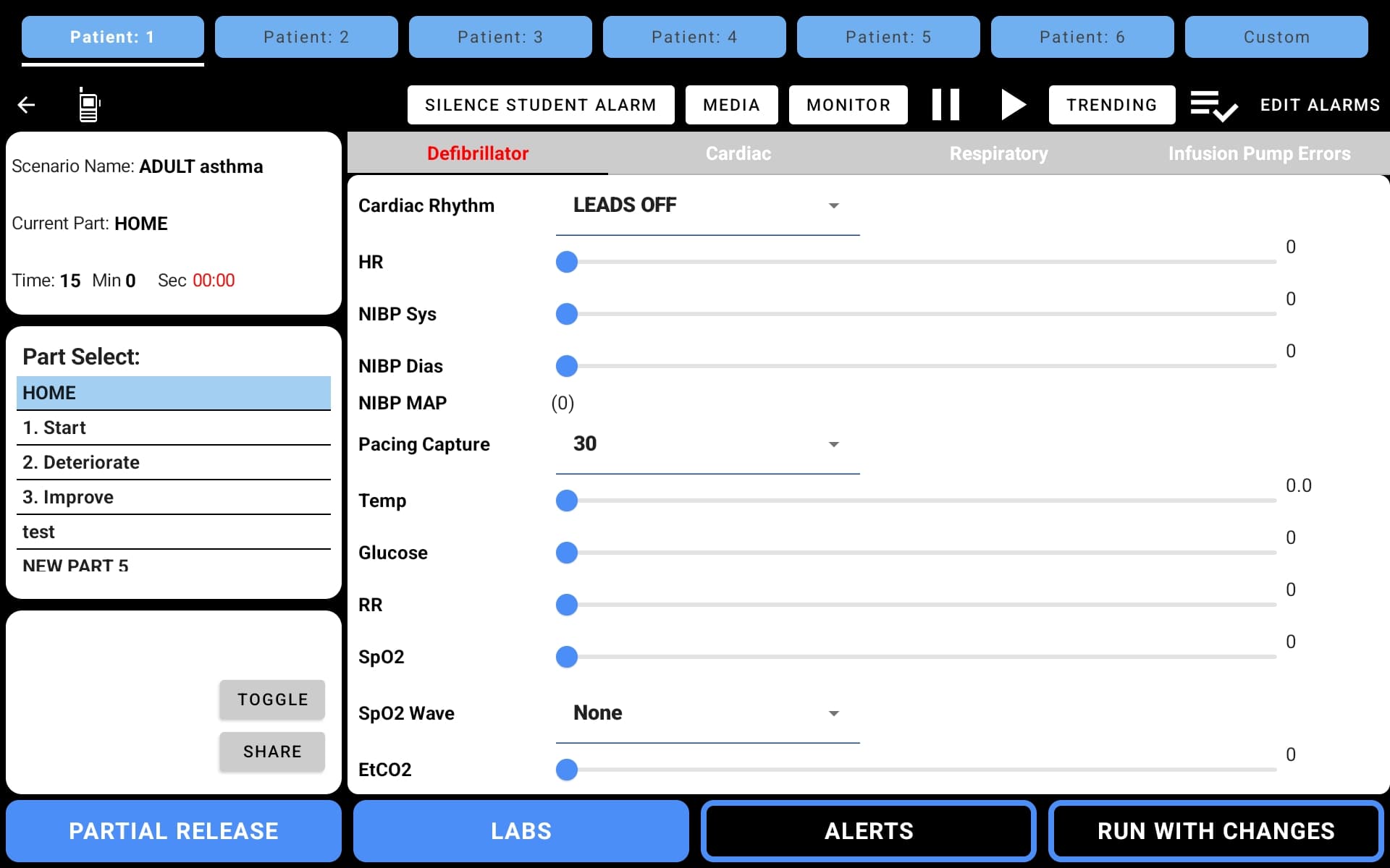 SimVS instructor screen showing the ALERTS button highlighted in the bottom toolbar alongside Partial Release, Labs, and Run With Changes