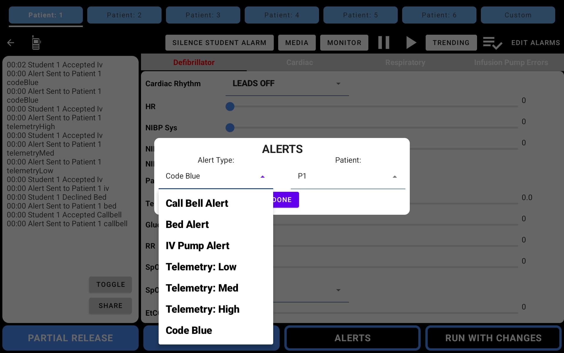 SimVS Alerts dialog showing the Alert Type dropdown expanded with options including Call Bell Alert, Bed Alert, IV Pump Alert, Telemetry Low, Telemetry Med, Telemetry High, and Code Blue, with Patient set to P1 and a DONE button