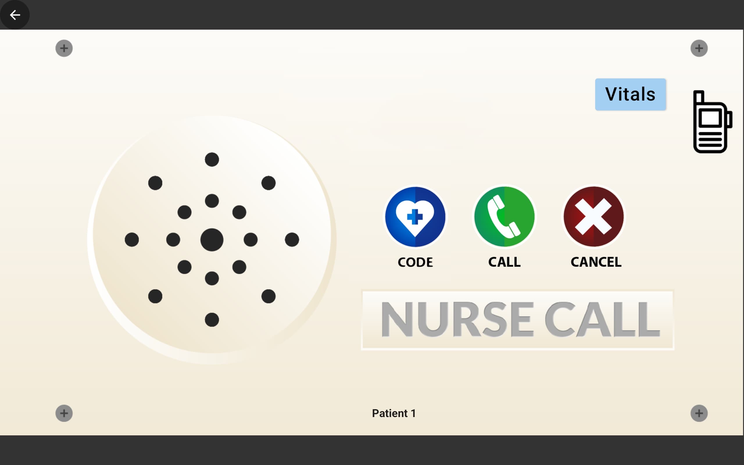 SimVS Nurse Call student screen showing the nurse call bell with CODE, CALL, and CANCEL buttons, Vitals button, and walkie-talkie icon in the top-right