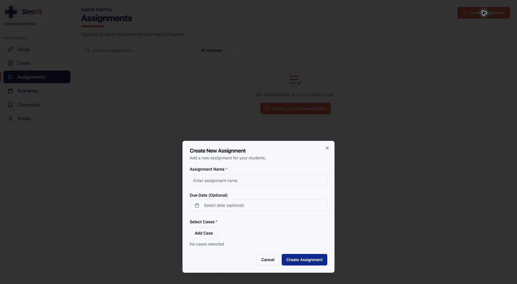 Create New Assignment form with name, optional due date, and Add Case controls