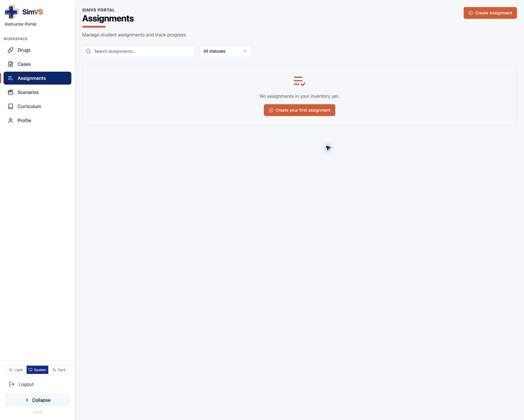 Assignments workspace with search, status filter, and create controls