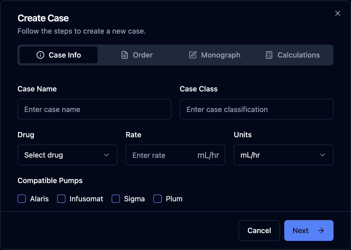 Create Case form showing the four tabs and Case Info fields