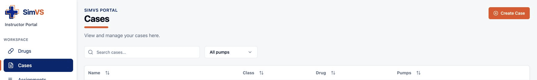 Cases workspace with search, pump filter, and sortable column headings