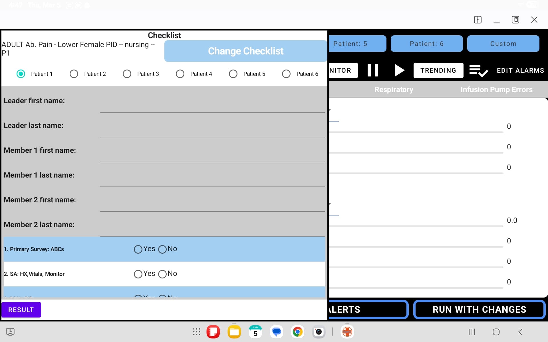 Checklist overlay showing scenario-specific checklist items with Yes/No scoring, team member name fields, and Change Checklist button