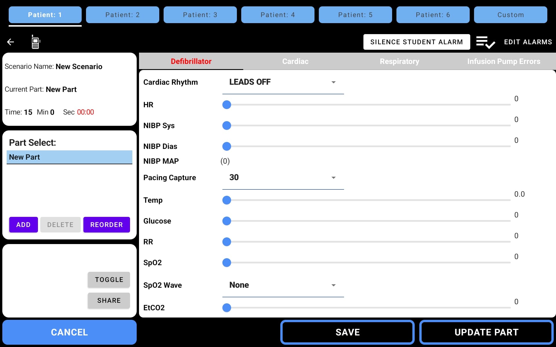 New scenario creation screen showing scenario name, part select, and physiology parameter sliders for Defibrillator, Cardiac, and Respiratory tabs