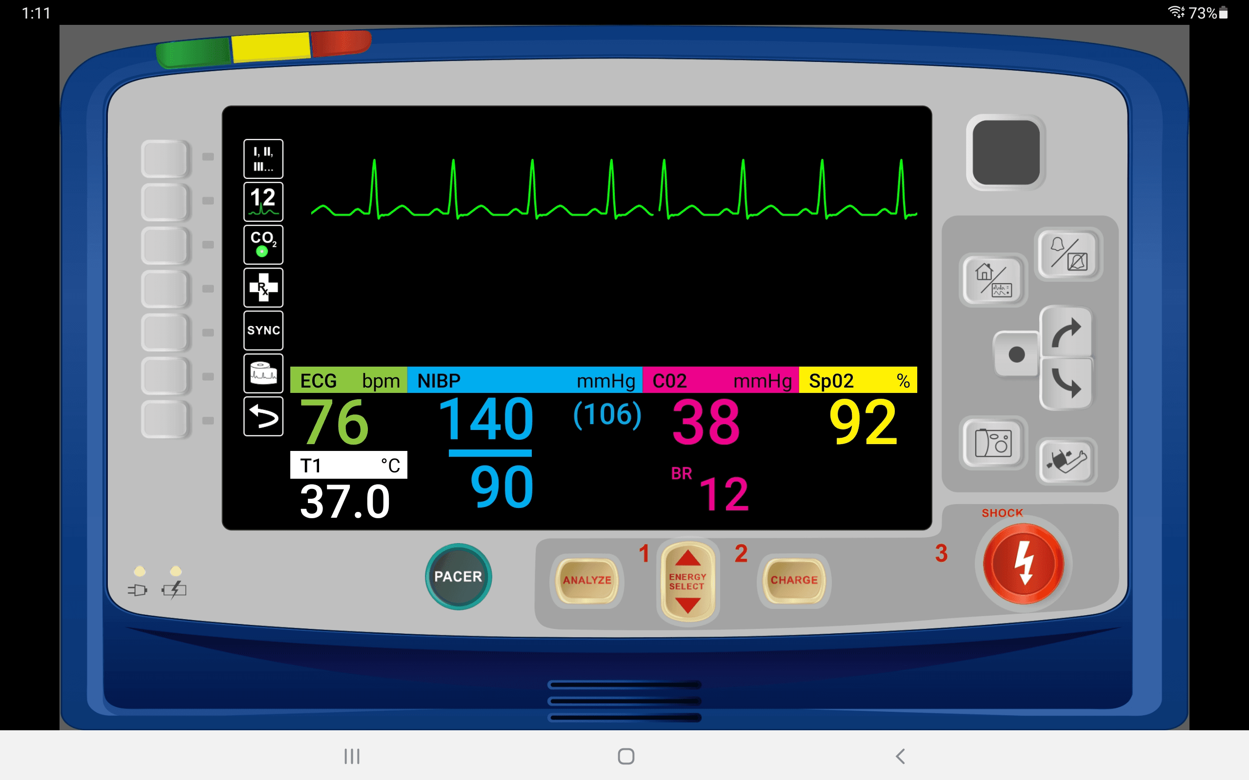 SimVS-X Defibrillator interface showing ECG waveform, vital signs, and control buttons including Pacer, Analyze, Energy Select, and Charge