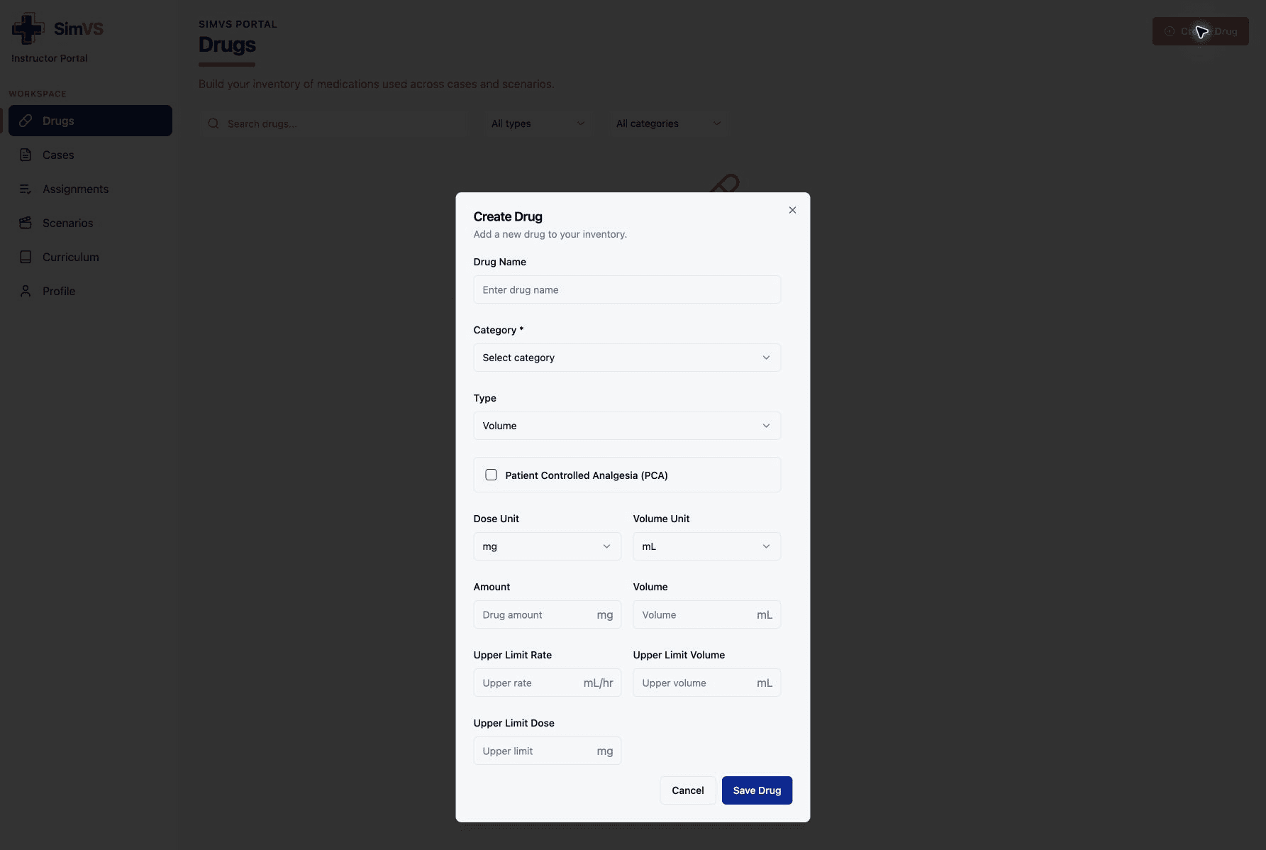 Create Drug form with category, type, units, concentration, and upper-limit fields