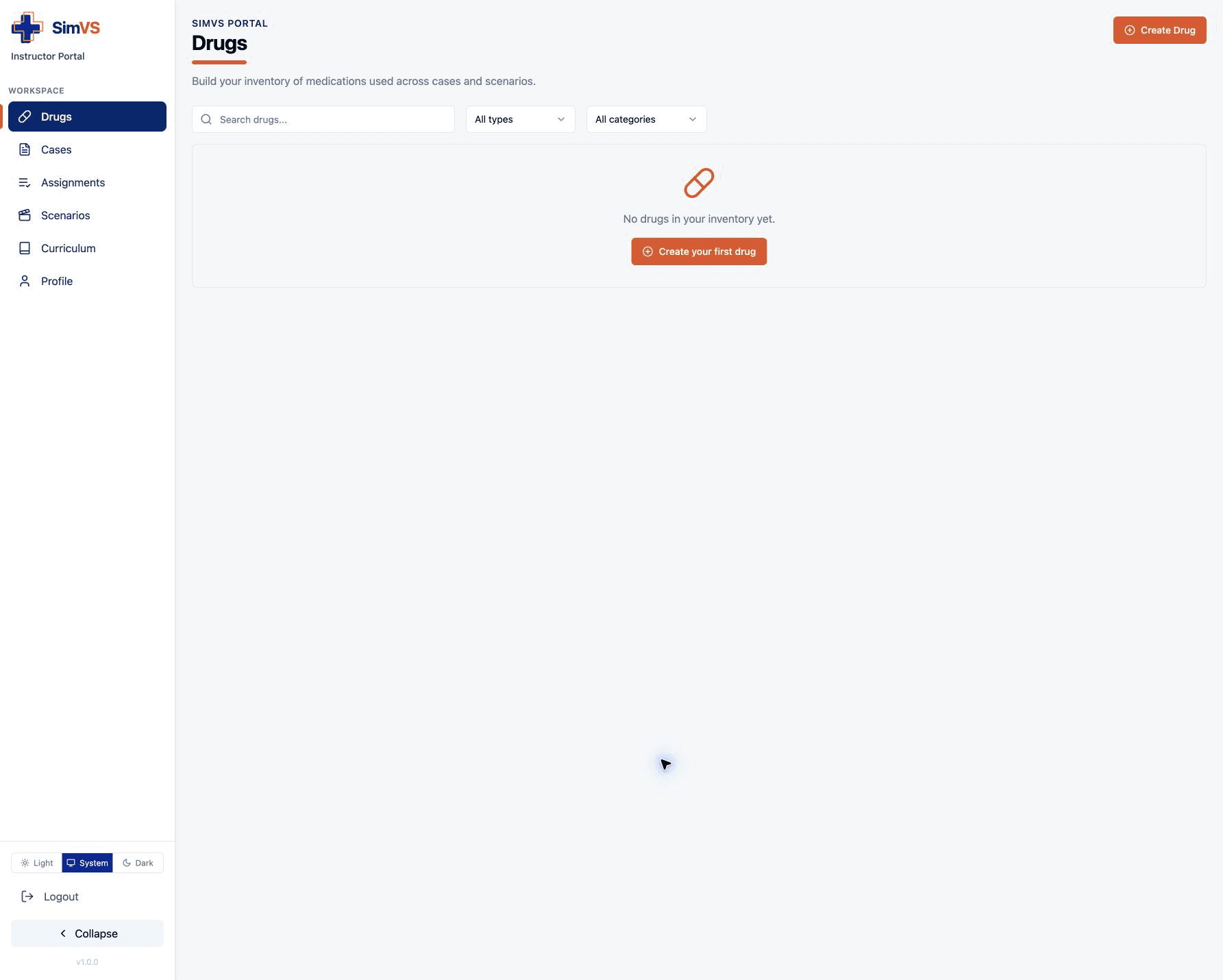 Drugs workspace with search, type, category, and create controls