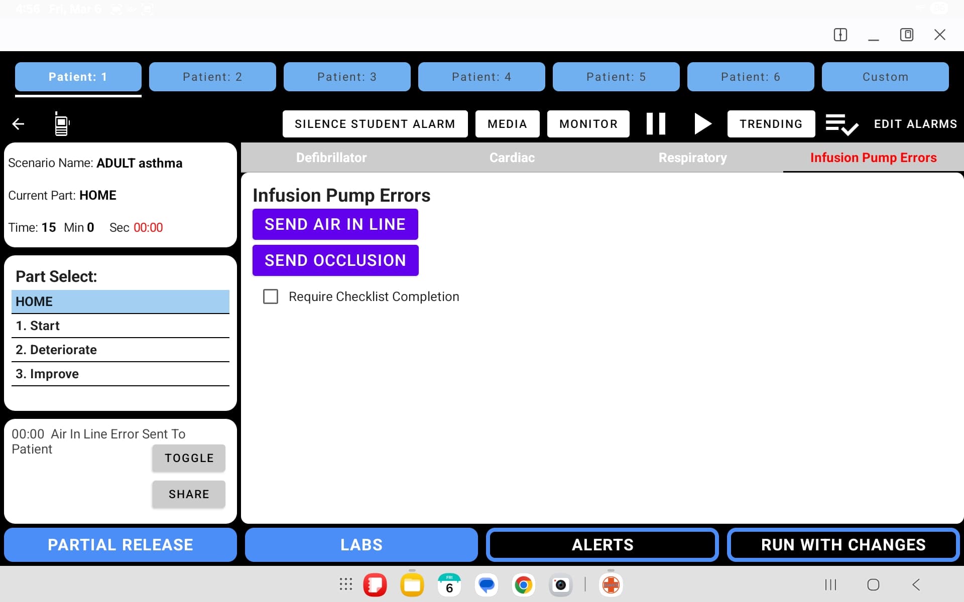 SimVS instructor screen with the two-way feedback event log panel highlighted in the bottom-left, showing time-stamped alert and response entries
