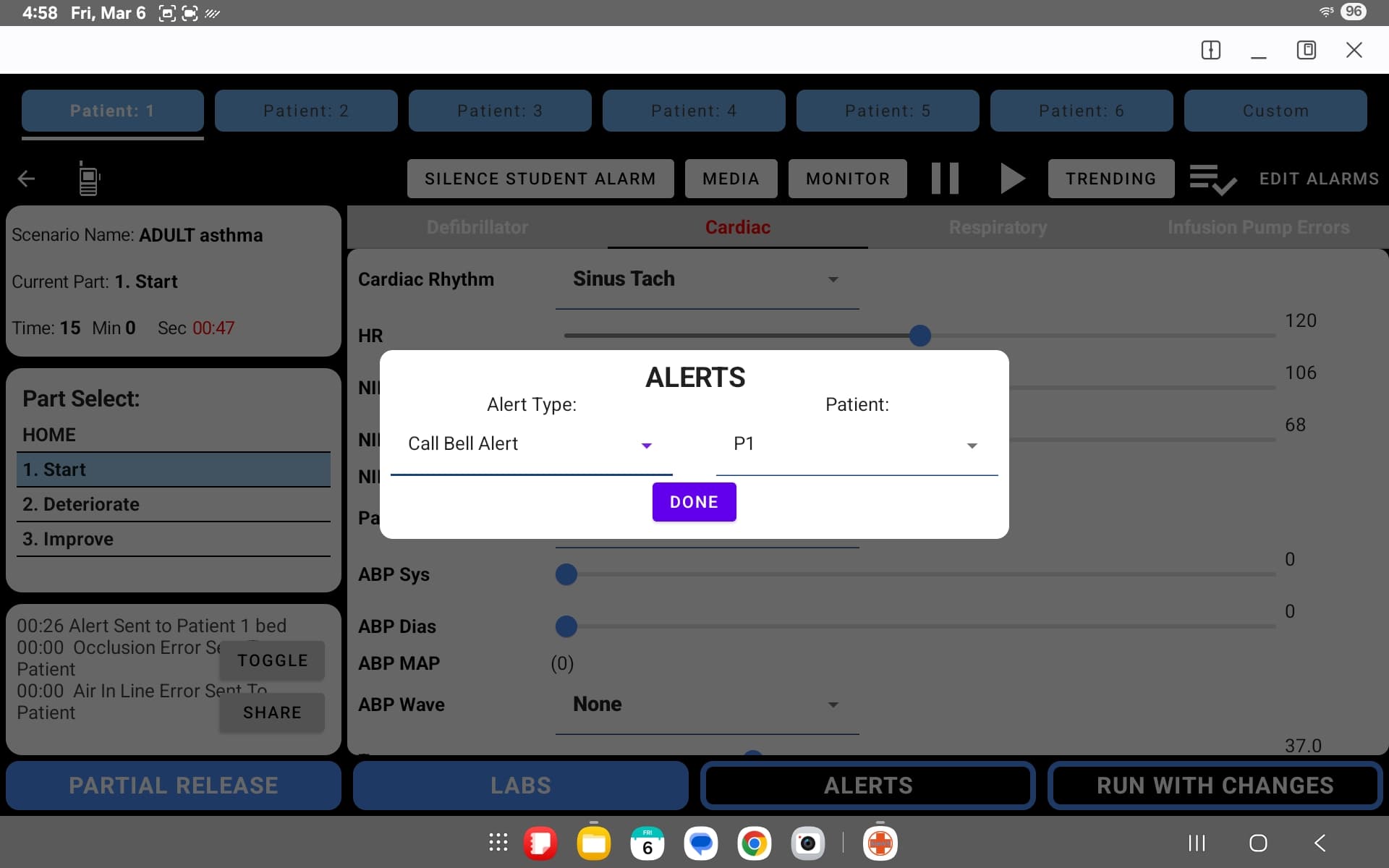 SimVS instructor screen showing the expanded event log with TOGGLE and SHARE buttons