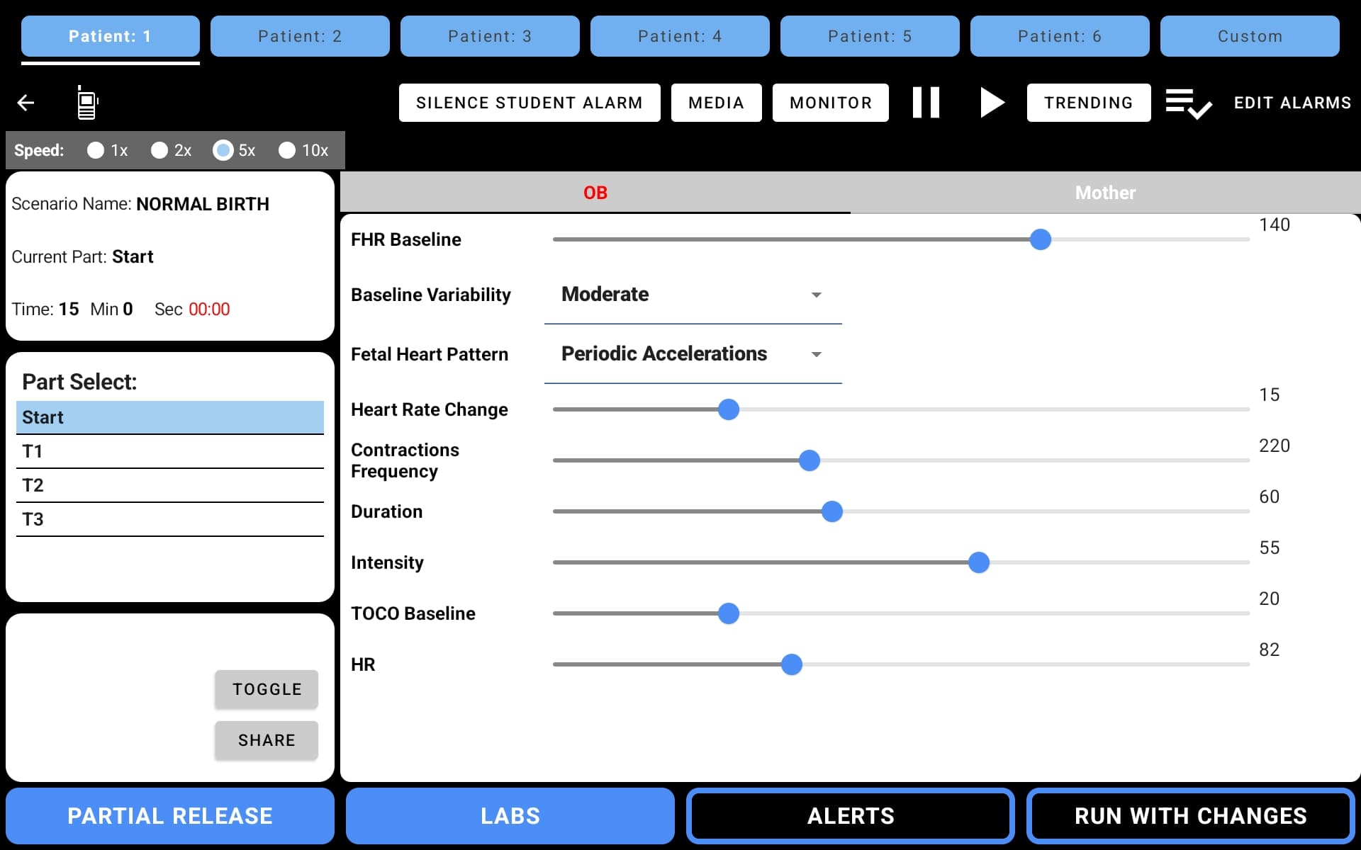 Instructor OB controls showing FHR Baseline, Variability, Fetal Heart Pattern, contractions, and maternal HR