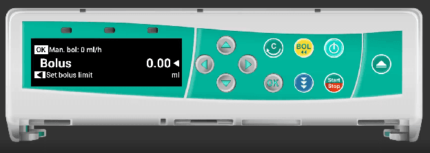 Infusomat bolus screen showing bolus volume entry with Set bolus limit option