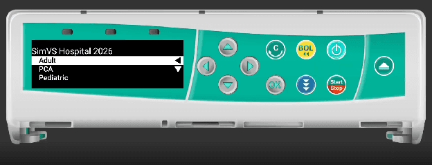 Infusomat care area selection showing Adult, PCA, and Pediatric options