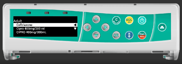 Infusomat drug list showing Adult category with Ceftriaxone and Cipro options