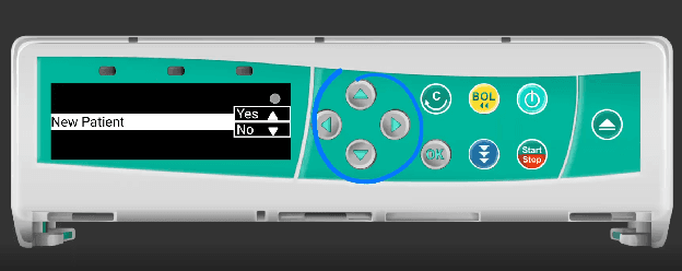 Infusomat new patient screen with blue circle highlighting the navigation arrow buttons