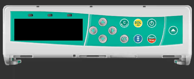 Infusomat pump overview showing the horizontal form factor with teal control panel