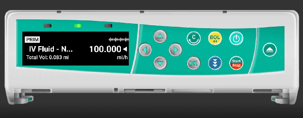 Infusomat running state showing IV Fluid at 100.000 ml/h with total volume infused