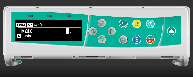 Infusomat rate entry showing field-based digit input with cursor position
