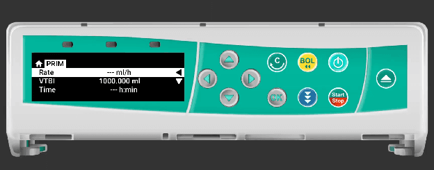 Infusomat rate entry screen showing PRIM with Rate field and digit-by-digit input