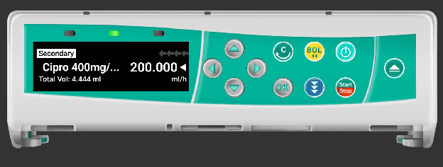 Infusomat secondary infusion running with Cipro 400mg at 200.000 ml/h