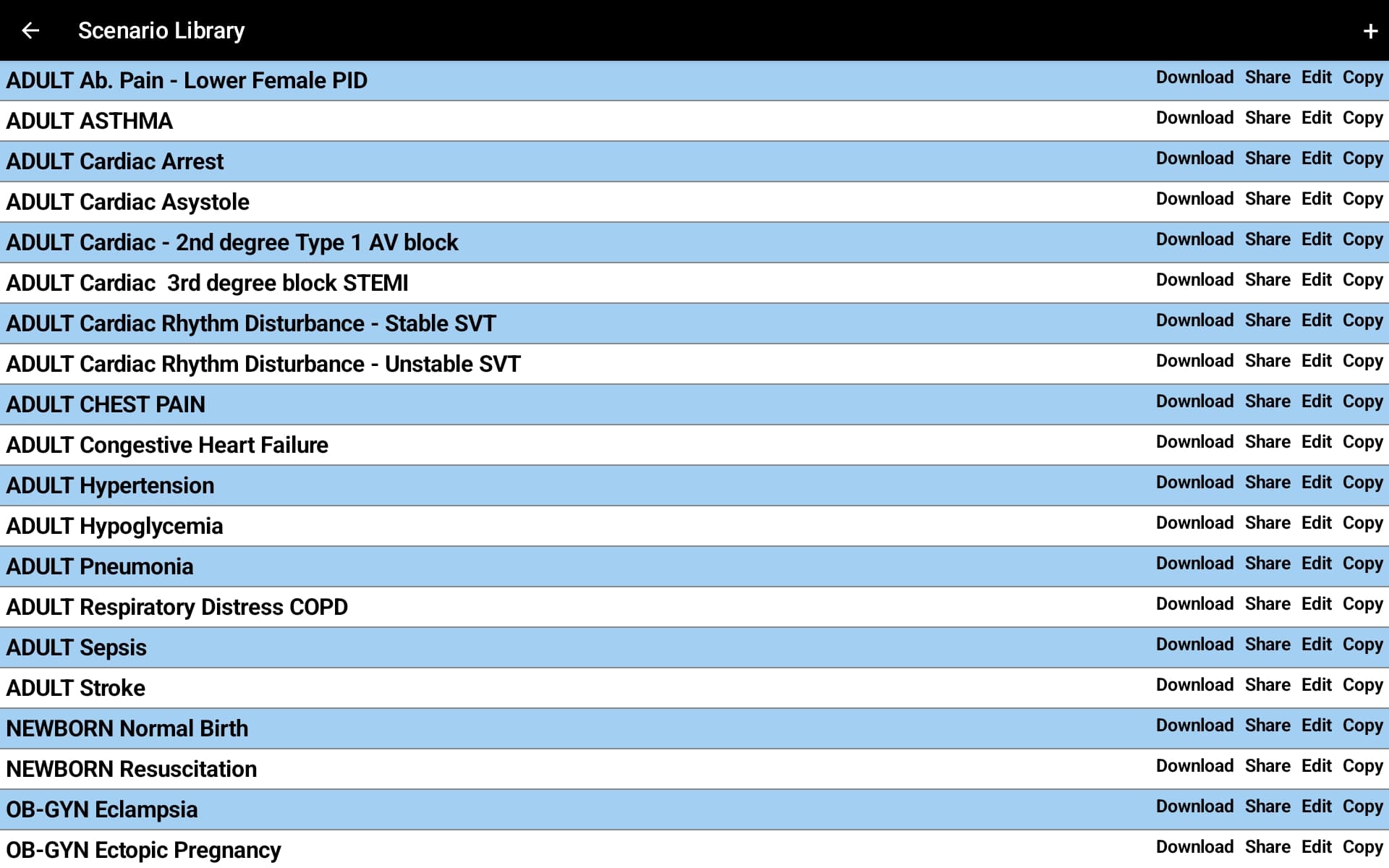 Scenario Library showing Nursing scenarios including Cardiac Arrest, CHEST PAIN, Sepsis, Stroke, and more