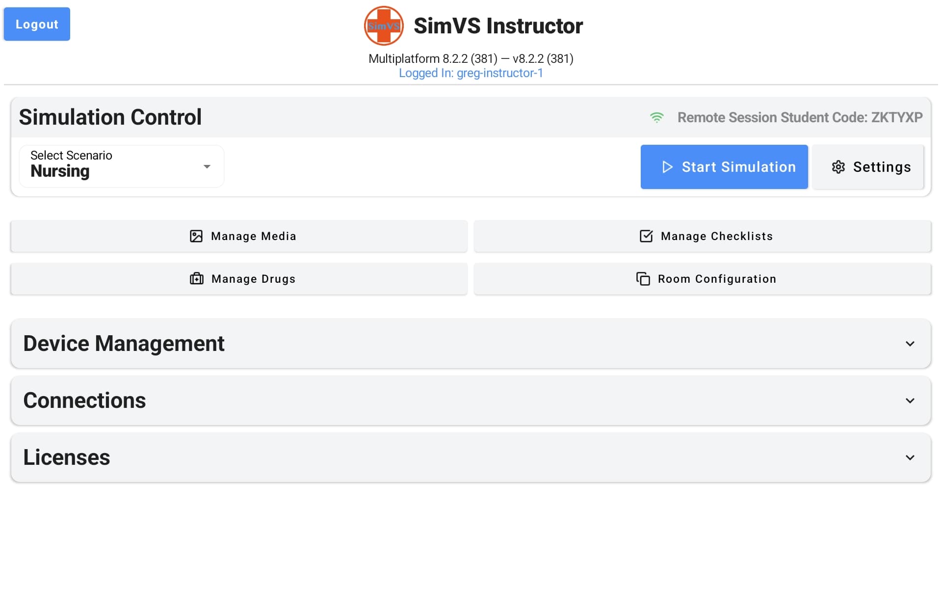 Instructor main screen with Nursing selected in the scenario dropdown