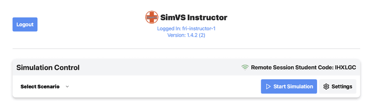 Instructor tablet showing the Remote Session Student Code in the Simulation Control area