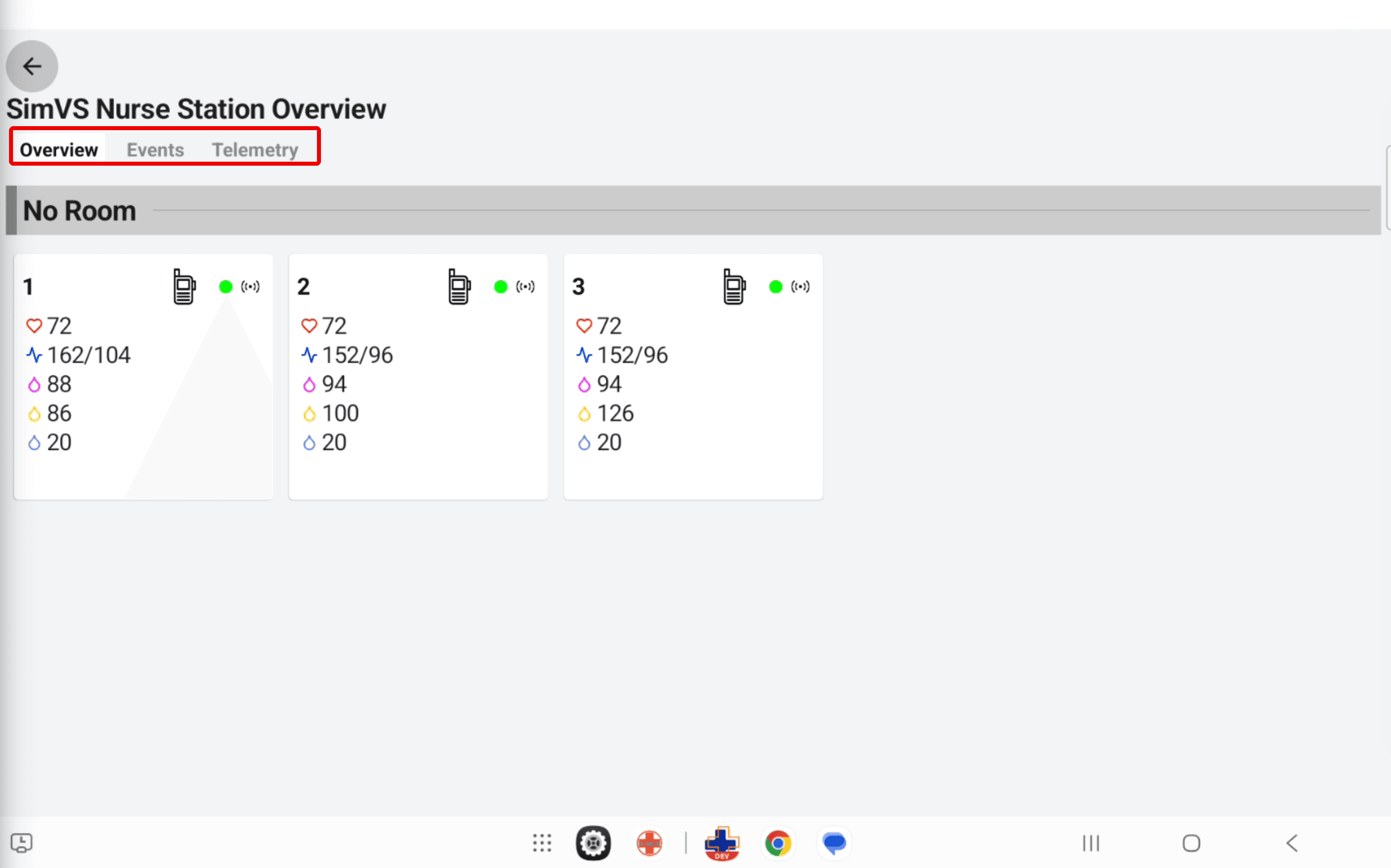 SimVS Nurse Station interface with the Overview, Events, and Telemetry tabs highlighted