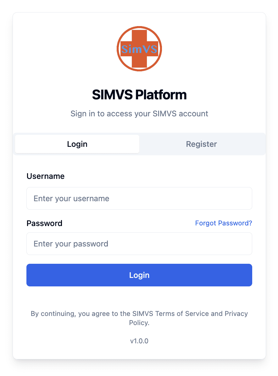 SimVS Portal login form with empty username and password fields