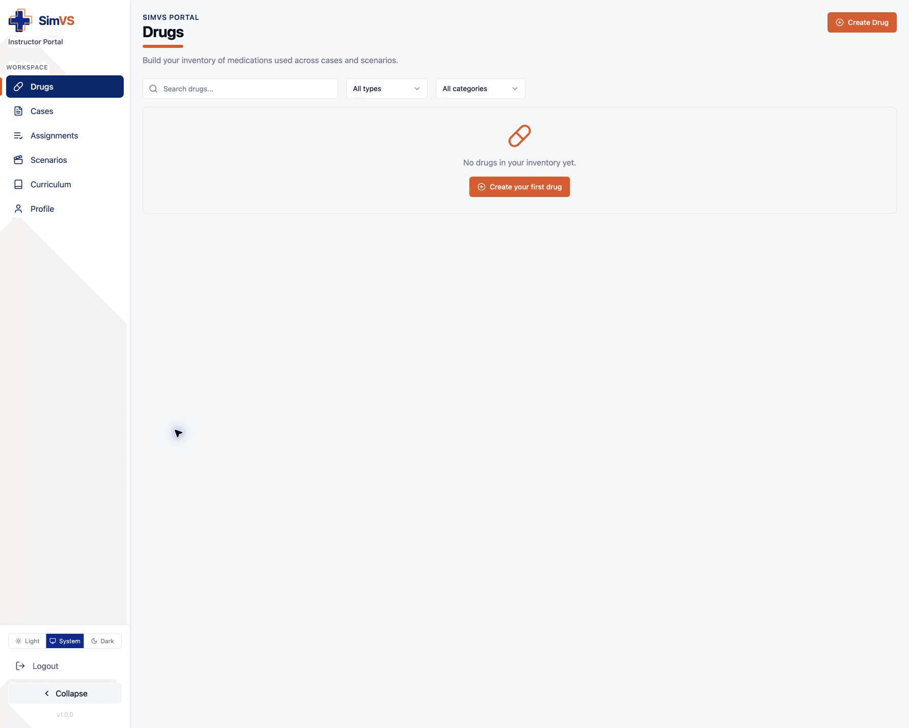 SimVS Portal workspace with the feature navigation in the left sidebar
