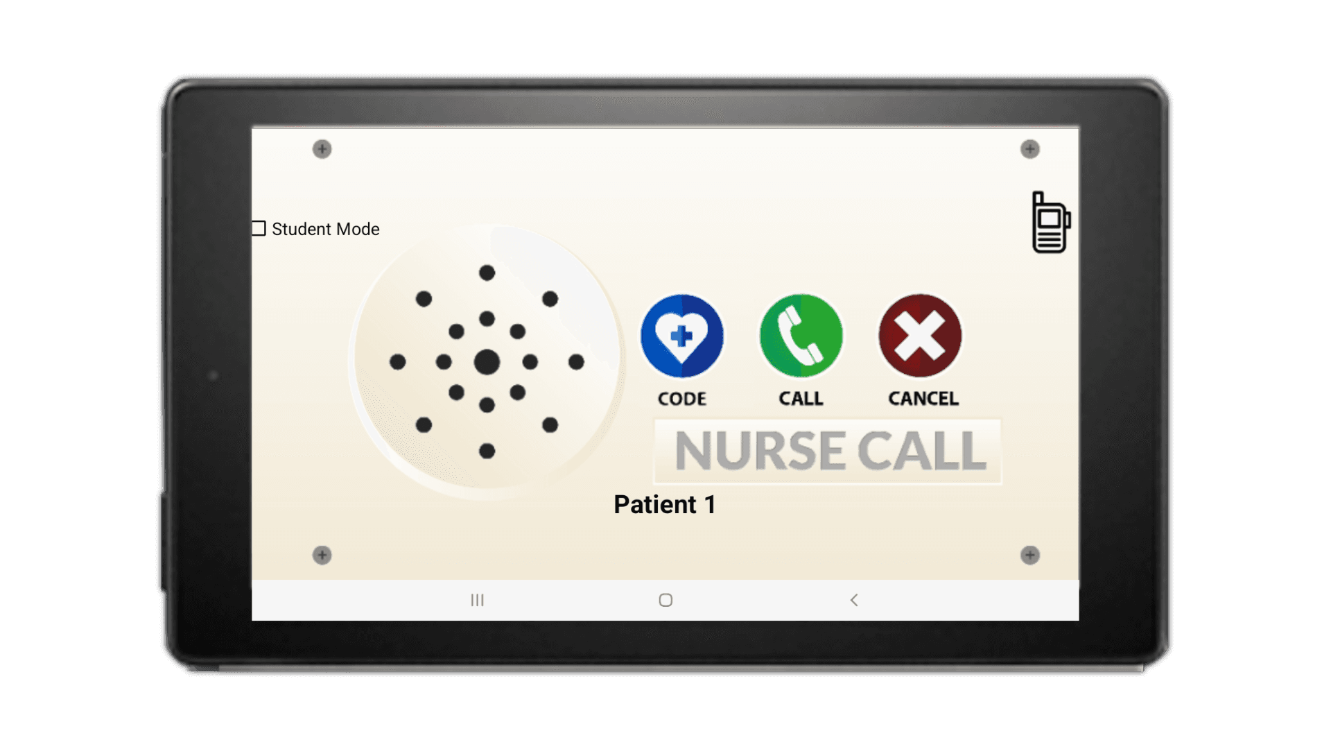 SimVS Nurse Call bell interface on a tablet showing the call bell speaker, CODE, CALL, and CANCEL buttons, and Patient 1 indicator