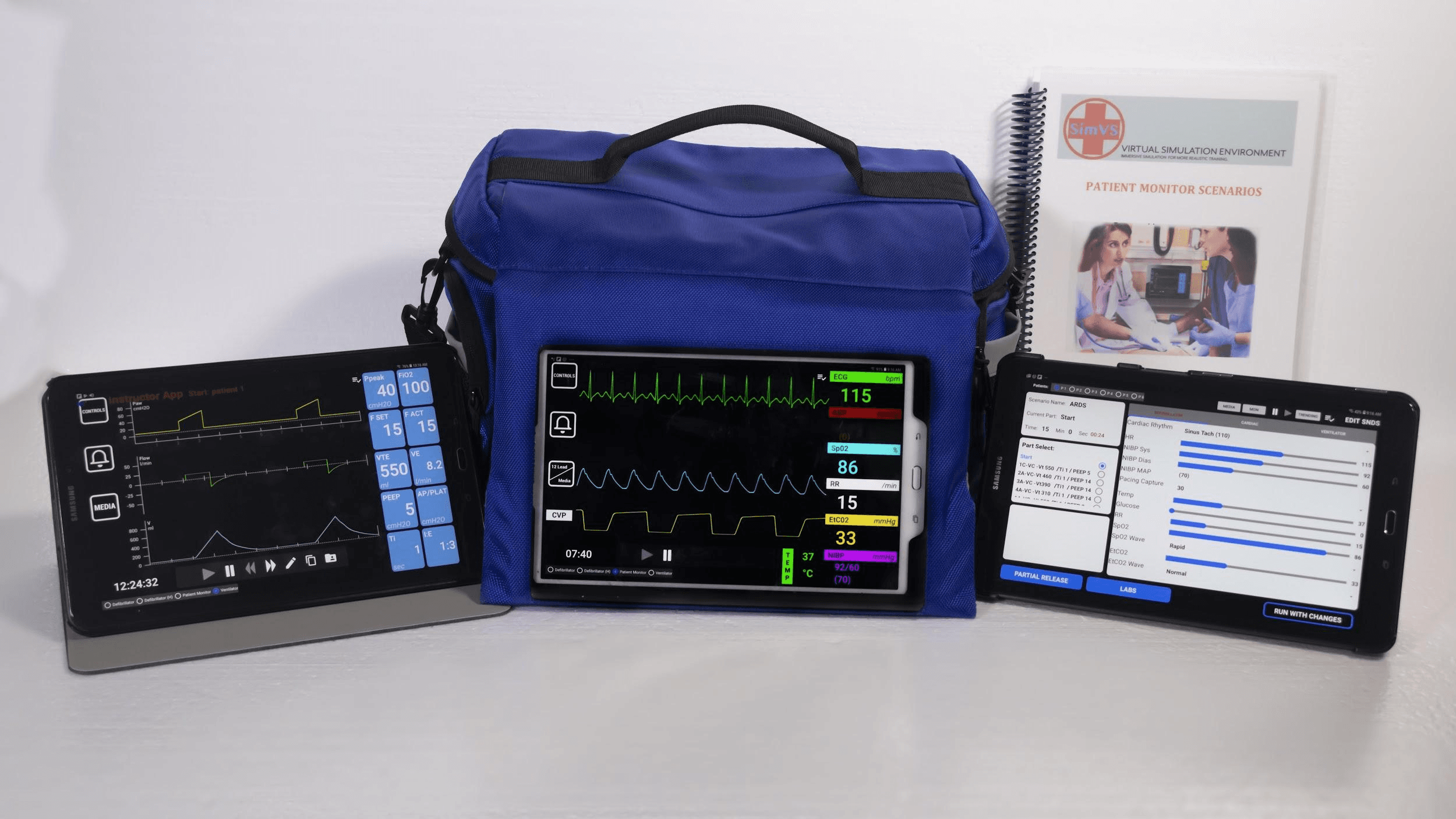 SimVS Hospital Series package contents — tablets, monitor bag, router, and printed scenarios