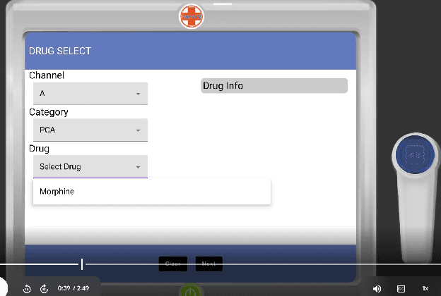 PCA drug select with Category set to PCA showing Morphine as available drug