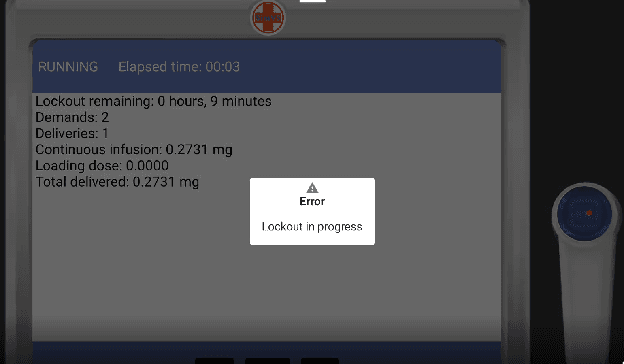 PCA lockout screen showing RUNNING status with lockout remaining time, demands, deliveries, and total delivered dose