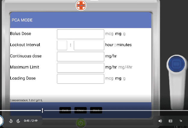 PCA mode configuration screen with empty fields for Bolus Dose, Lockout Interval, Continuous Dose, Maximum Limit, and Loading Dose