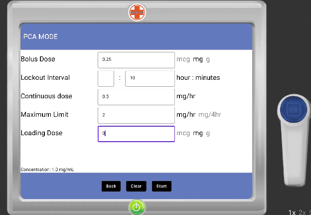 PCA mode with filled parameters: Bolus Dose 0.25 mg, Lockout Interval 10 minutes, Continuous Dose 0.5 mg/hr, Maximum Limit 2 mg/hr, Loading Dose 0 mg