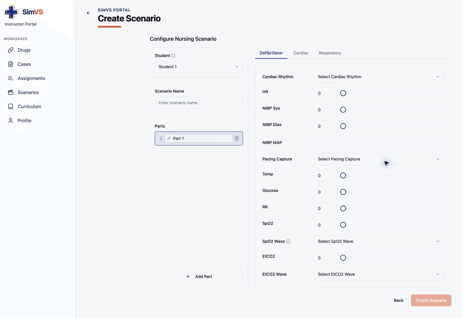 Nursing scenario editor with student, name, parts, and physiology controls