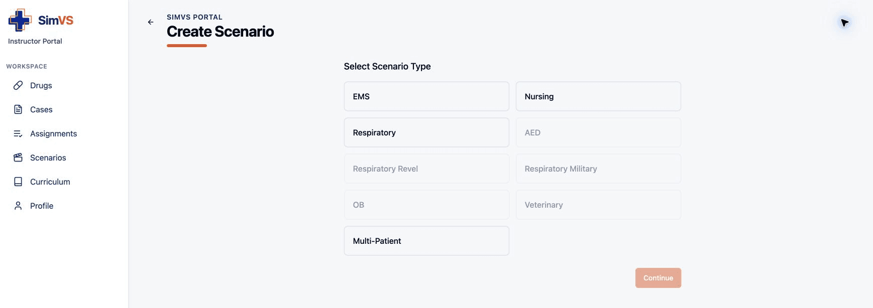 Scenario type selection with available and disabled choices