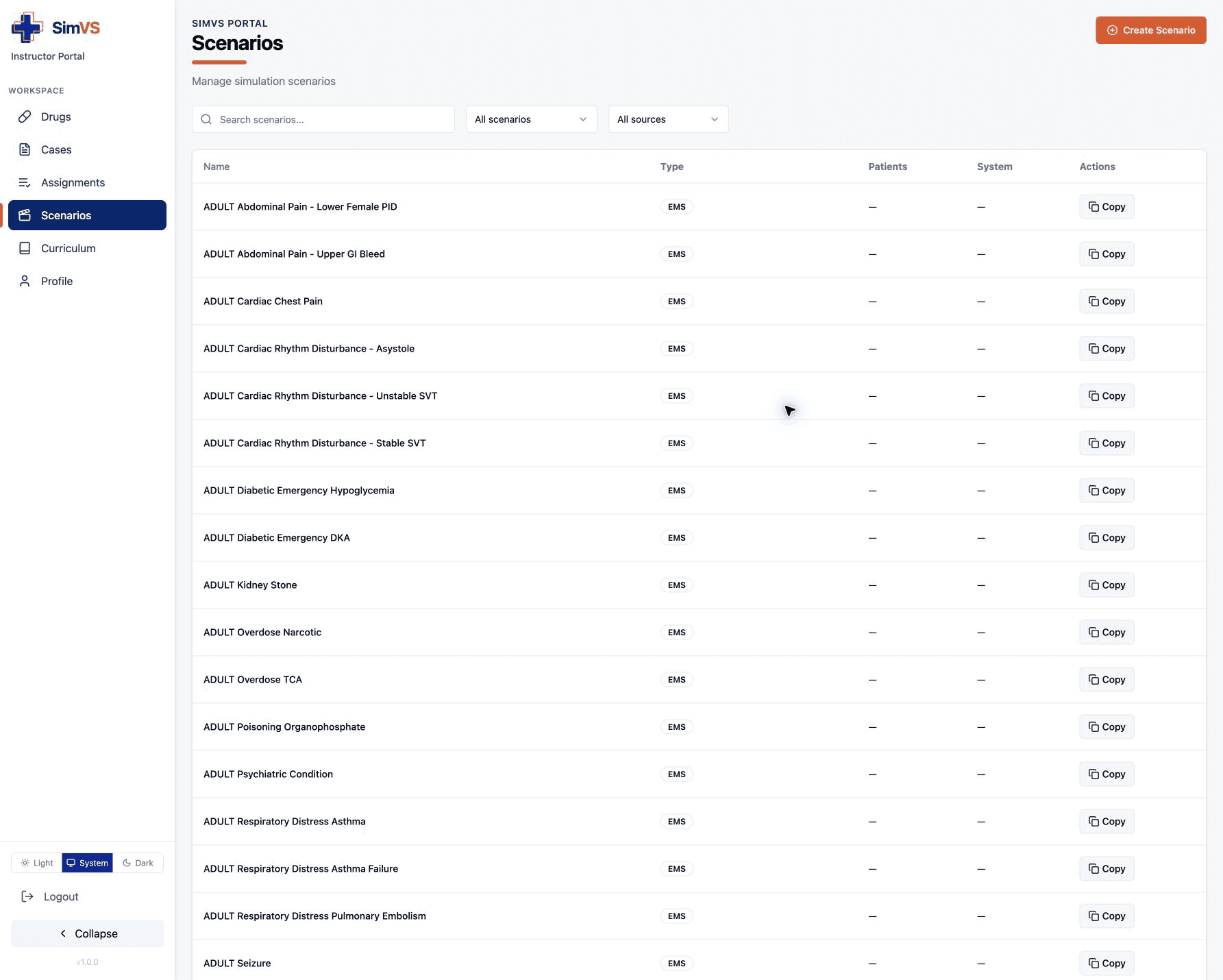 Scenarios workspace with search, scenario scope, source, and action controls