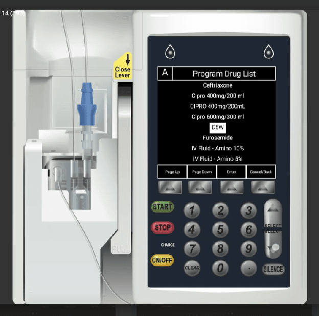 Sigma Program Drug List showing Ceftriaxone, Cipro, D5W, Furosemide, and IV Fluid options