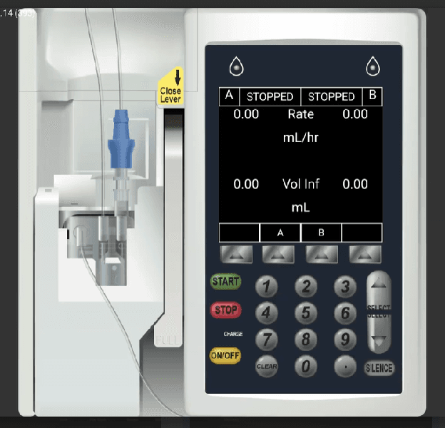 Sigma dual-channel display showing A STOPPED and B STOPPED with Rate and Vol Inf at 0.00