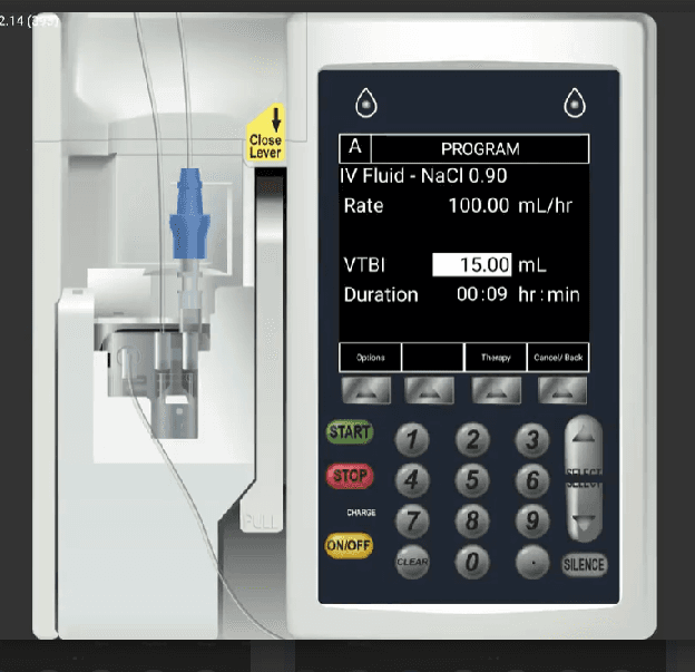 Sigma programmed with IV Fluid NaCl 0.90 showing Rate 100 mL/hr and VTBI 15 mL