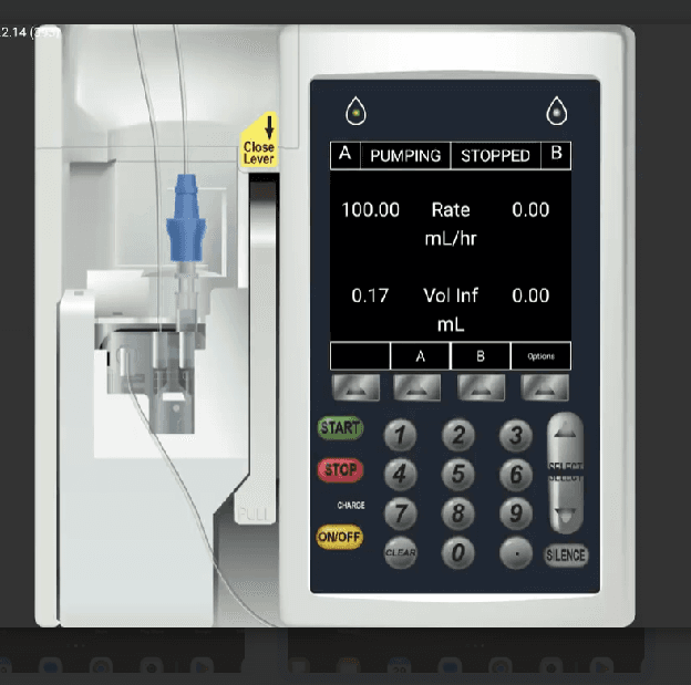 Sigma showing Channel A PUMPING at 100 mL/hr while Channel B remains STOPPED